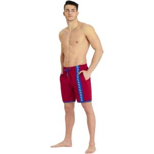 ARENA Men’s Standard Icons Bermuda Logo Swim Trunk Beach Shorts(Burgundy / Neon Blue)
