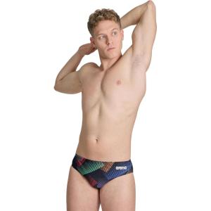 ARENA Men’s Swim Brief Halftone Team Print MaxLife Athletic Swimwear Professional Training Swimsuit Sports Bathing Suit(Black/Black Multi)