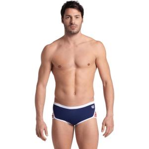 ARENA Performance Men’s Icons Solid Low-Waist Swim Brief Short Athletic Swimsuit(Navy/White/Red Multi)
