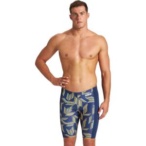 ARENA Puzzled Athletic Swim Jammers for Men Competitive Racing, Training, Quick Dry, Compression, Chlorine Resistant Swimsuit(Navy/Yellow Star Multi)