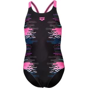 Arena Girls Arena Girl’s Feel Front Lined Rhythm V Back Athletic One Piece Swimsuit(Black Multi/Black/Shocking Pink)
