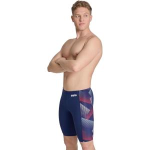 Arena Mens Performance Halftone Team Print Swim Jammer Intensive Training Bathing Suit(Navy/Team Red White Blue)