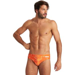 Arena Mens Performance Puzzled Team Print Swim Brief Intensive Training Pro Bathing Suit(Black/Orange Multi)
