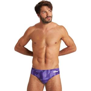 Arena Mens Performance Puzzled Team Print Swim Brief Intensive Training Pro Bathing Suit(Black/Purple Multi)