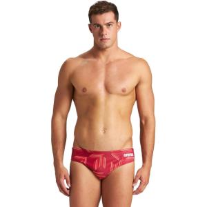 Arena Mens Performance Puzzled Team Print Swim Brief Intensive Training Pro Bathing Suit(Red/Red Multi)