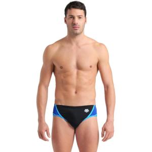 Arena Performance Icons Panel Men’s Swim Brief Chlorine-Proof MaxLife Intensive Training Suit(Black/Neon Blue/Red Fandango)