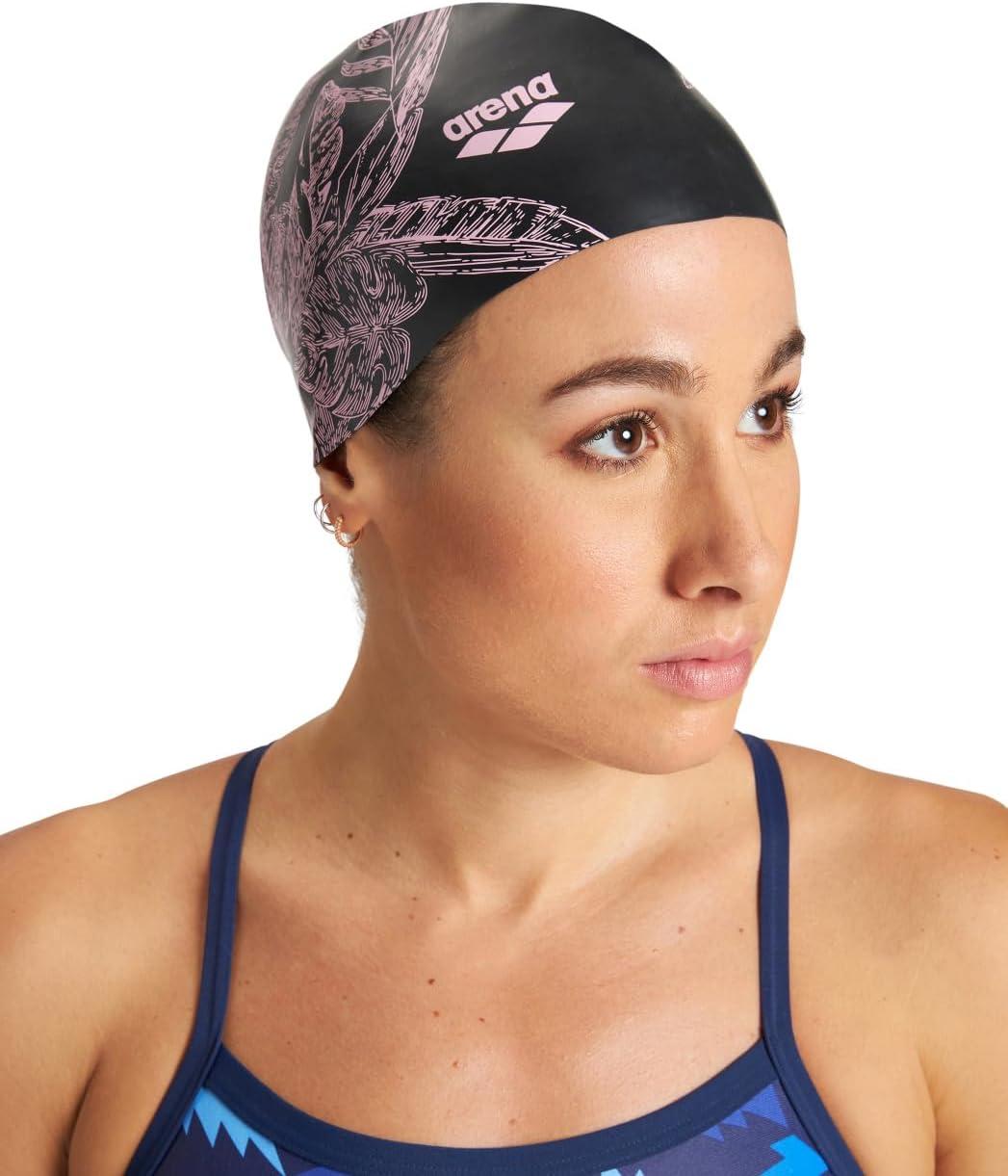 imageArena Sirene Molded Silicone Swim Cap for Women Swimming Super Stretchy Durable Bathing Cap for Long Hair Tight Fit One SizeCecilia Black