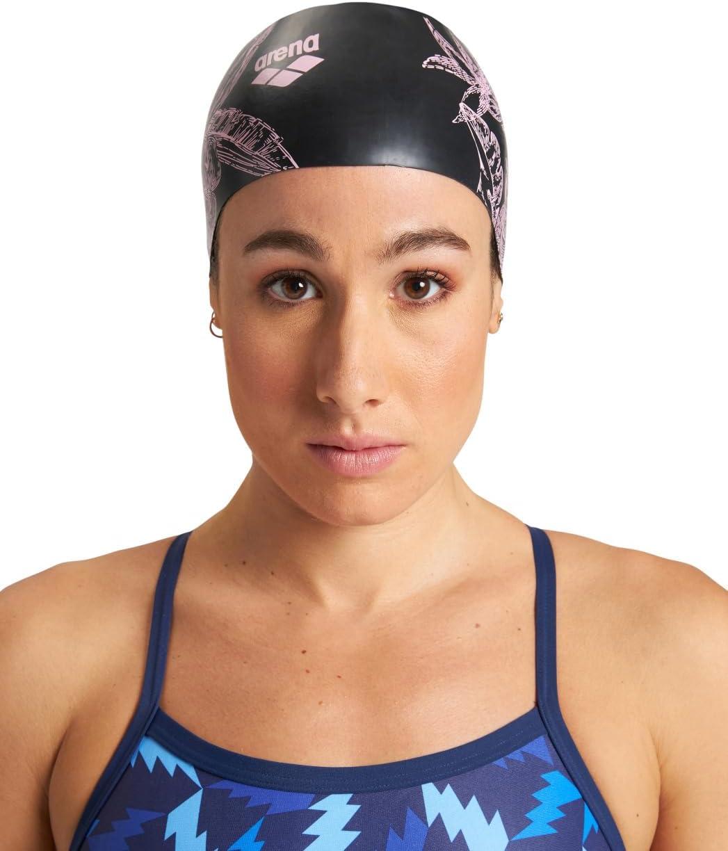 imageArena Sirene Molded Silicone Swim Cap for Women Swimming Super Stretchy Durable Bathing Cap for Long Hair Tight Fit One SizeCecilia Black