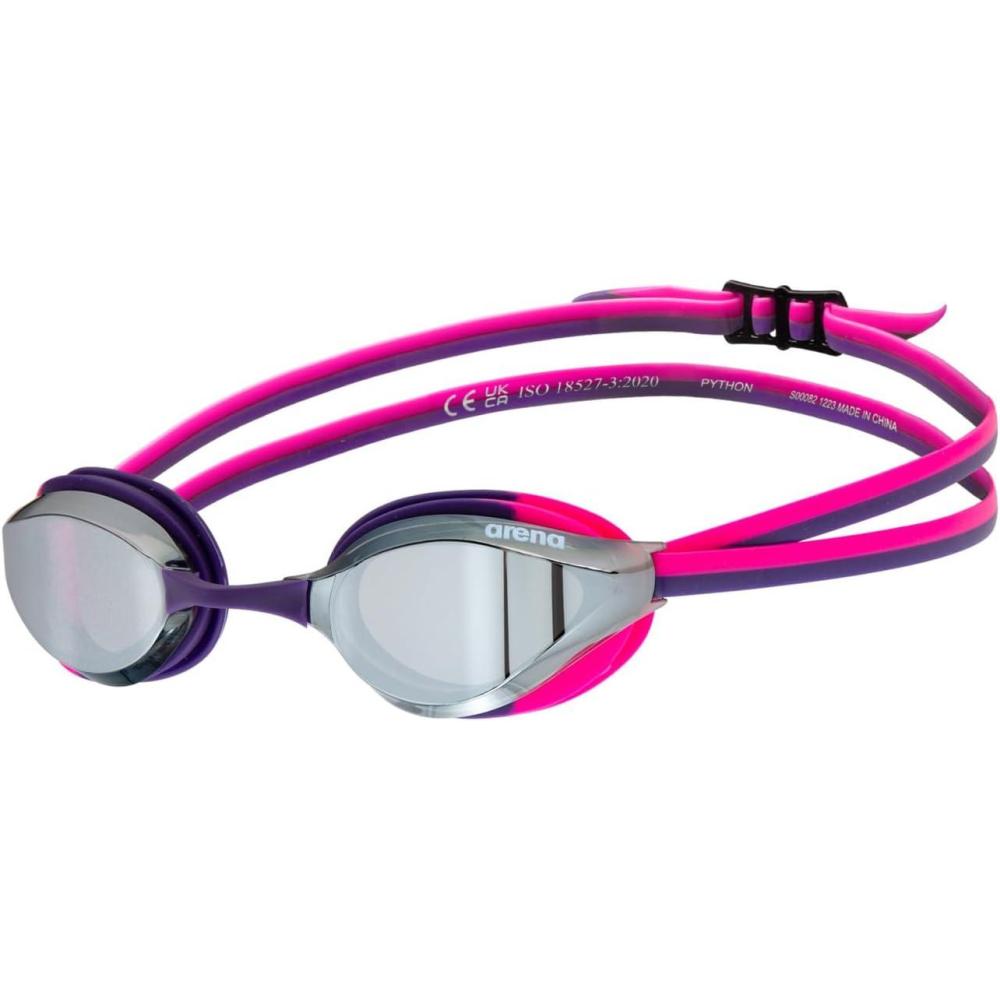 imageARENA Unisex Kids Junior Python Swim Racing Goggles Ages 6 to 12 Young Competitive SwimmersSilverShocking PinkPlum