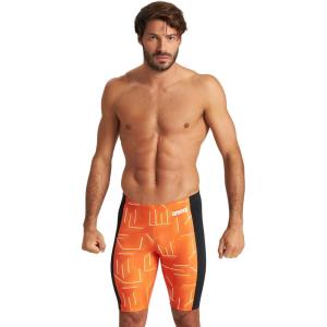 ARENA Performance Boys’ Puzzled Swim Jammer Athletic Swimwear Youth Swimsuit(Black/Orange Multi)