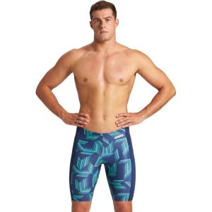 ARENA Performance Boys’ Puzzled Swim Jammer Athletic Swimwear Youth Swimsuit(Navy/Soft Green Multi)