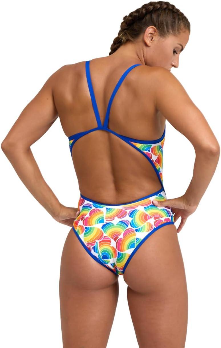 imageARENA Performance Womens Pride Swimsuit Super Fly Back One Piece MaxLife Training and Competition Bathing SuitNeon BlueWhite Multi