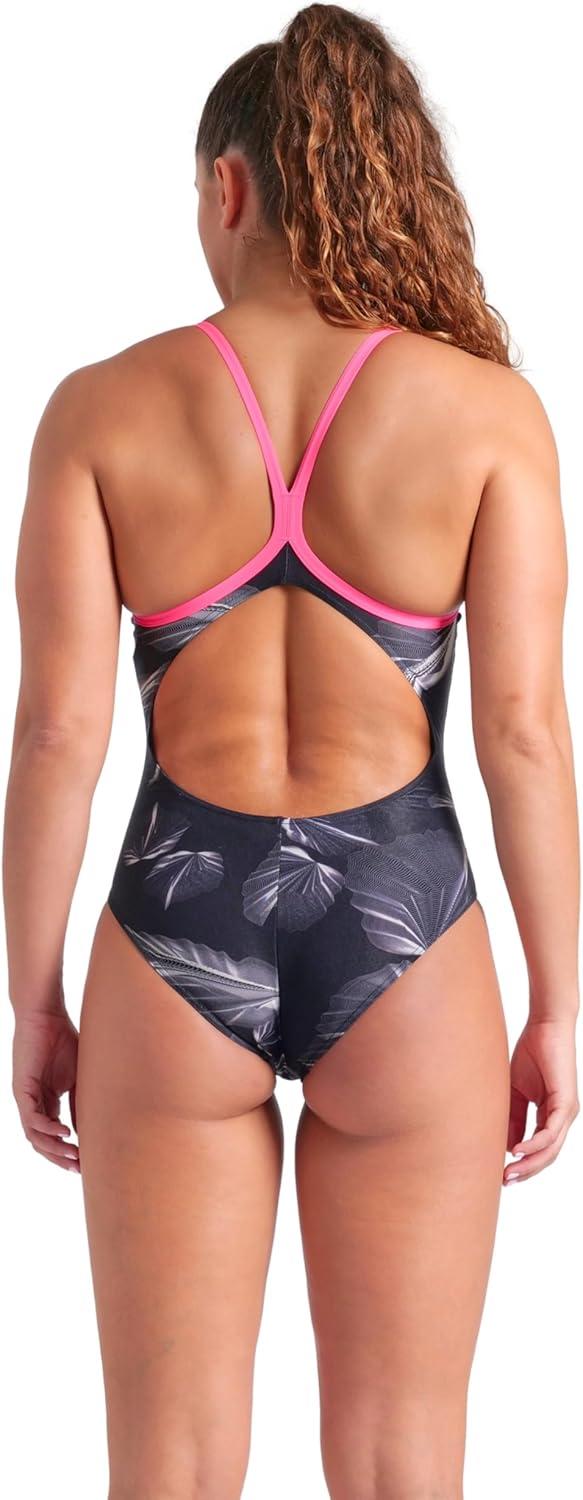 imageARENA Womens Performance Frozen Leaves Lightdrop Back Athletic One Piece SwimsuitBlack MultiShocking Pink