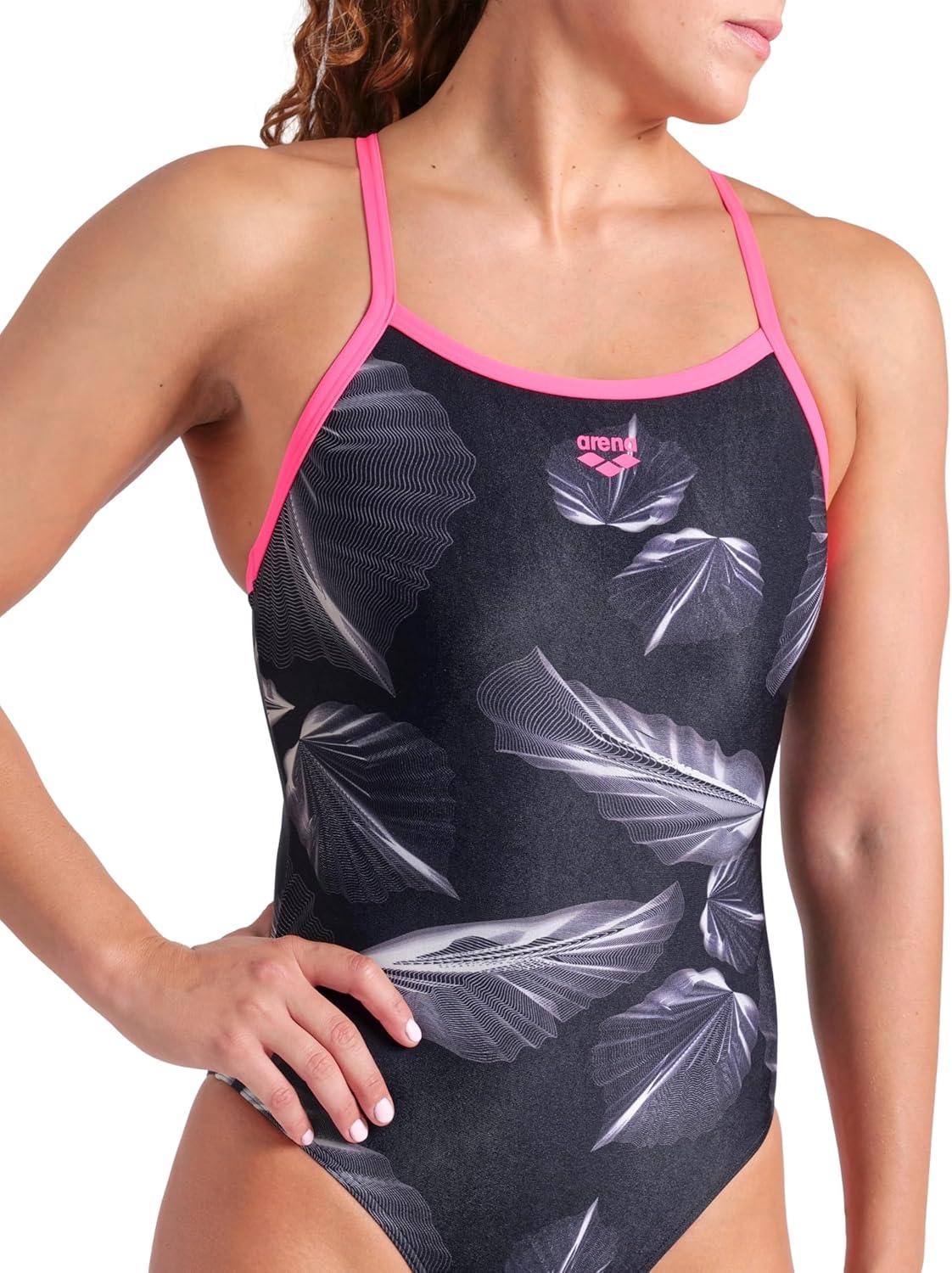 imageARENA Womens Performance Frozen Leaves Lightdrop Back Athletic One Piece SwimsuitBlack MultiShocking Pink