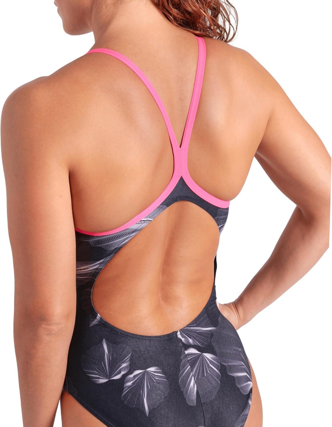 imageARENA Womens Performance Frozen Leaves Lightdrop Back Athletic One Piece SwimsuitBlack MultiShocking Pink