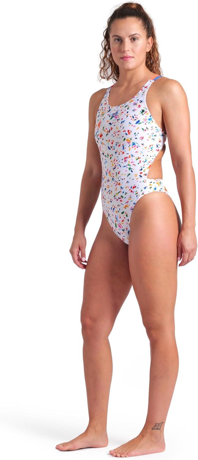 imageArena Womens Arena Womens Performance Confetti Swim Tech Multi Back One Piece SwimsuitWhite MultiBright CoralRoyal