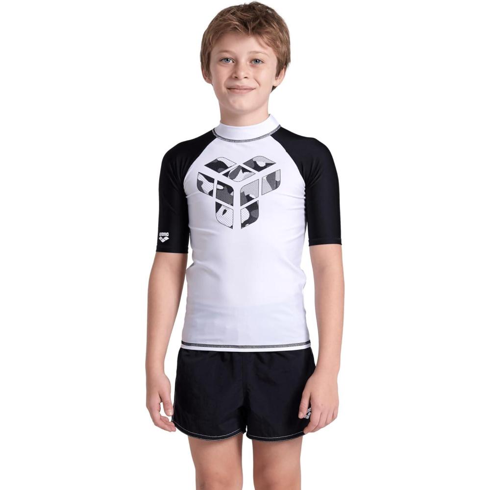 imageARENA Unisex Kids Junior Rash Vest Graphic Print Short Sleeves Quick Drying Soft Swim Shirt with UV Sun Protection UPF 40 Lightweight for Pool Beach Swimming WhiteBlack US Size 30