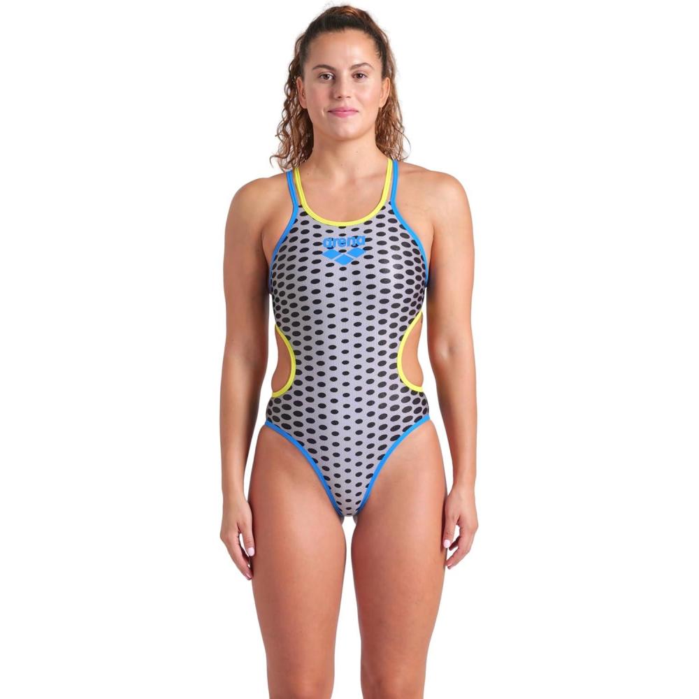 imageARENA Womens One Scale Double Cross Back Practice Swimsuit Competition Bathing SuitWhite MultiBlue RiverSoft Green