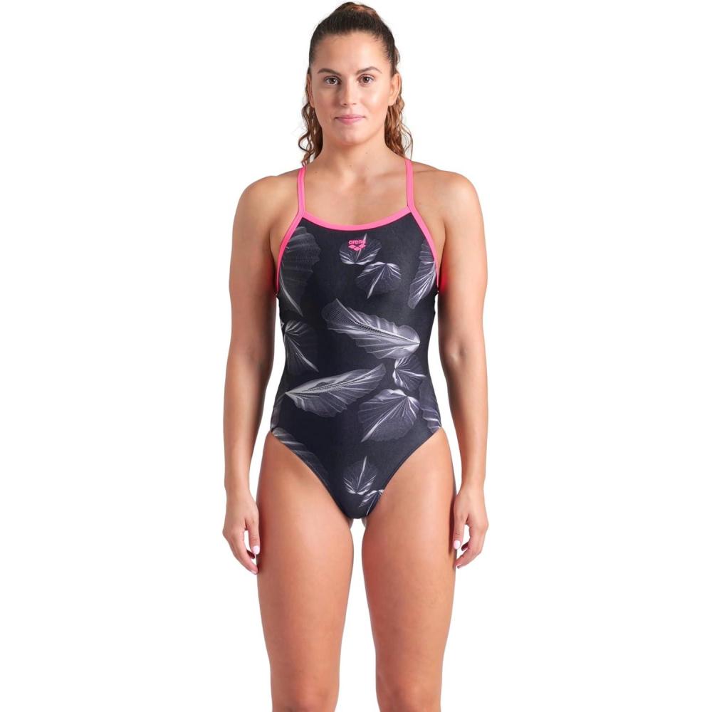 imageARENA Womens Performance Frozen Leaves Lightdrop Back Athletic One Piece SwimsuitBlack MultiShocking Pink