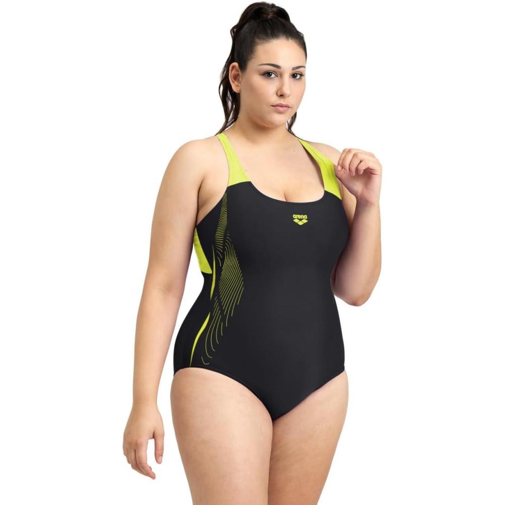 imageARENA Womens Performance Womens Graphic Plus SwimsuitBlackSoft Green