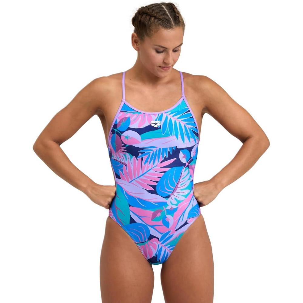 imageArena Performance Tropic Womens Swimsuit Lace Back One Piece MaxLife Training Bathing SuitLavandaNavy Multi