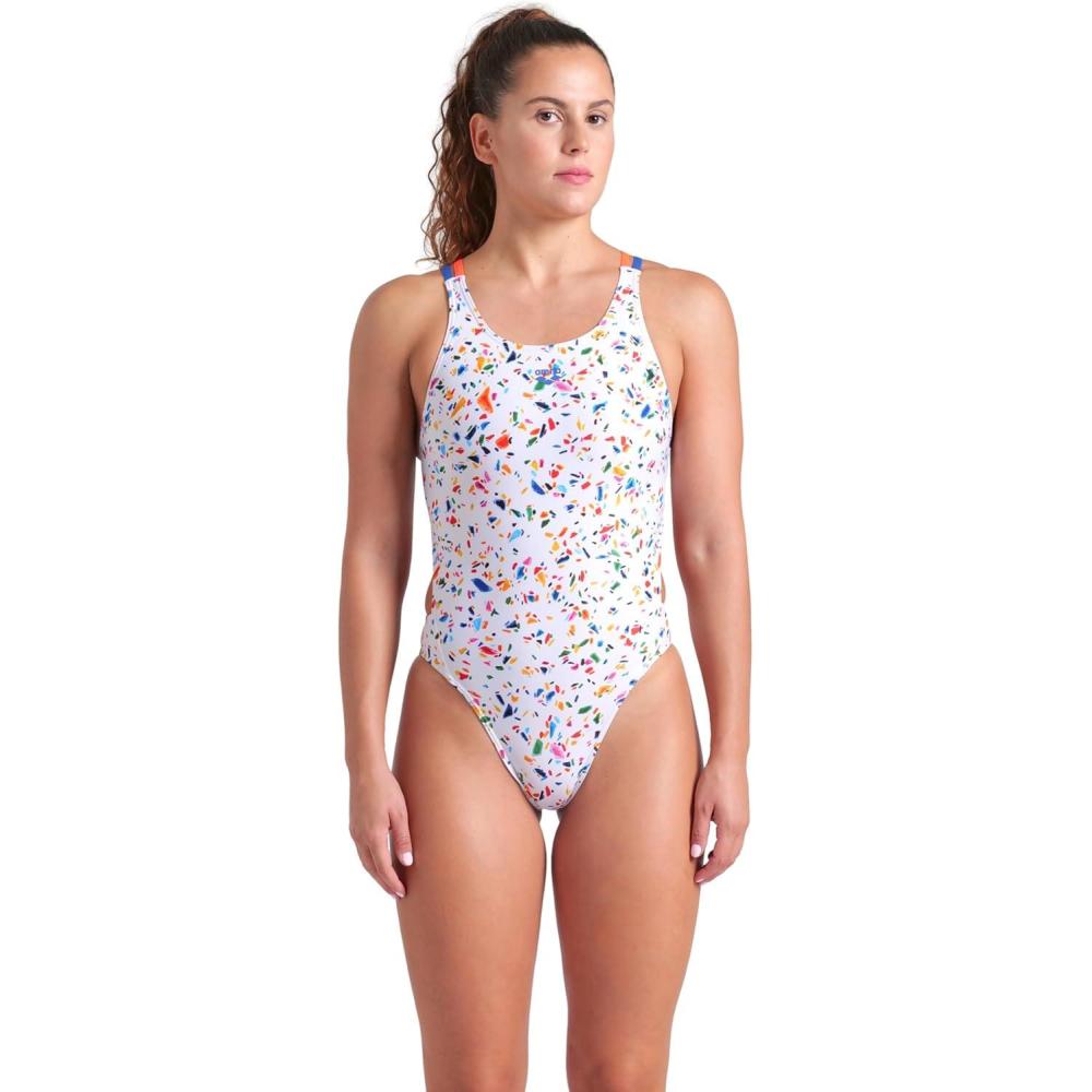 imageArena Womens Arena Womens Performance Confetti Swim Tech Multi Back One Piece SwimsuitWhite MultiBright CoralRoyal