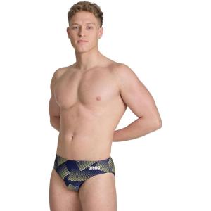 ARENA Men’s Swim Brief Halftone Team Print MaxLife Athletic Swimwear Professional Training Swimsuit Sports Bathing Suit, Team Navy Yellow, US Size 22