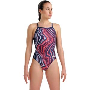 ARENA Performance Marbled Women’s Swimsuit Light Drop Back One Piece MaxLife Pool Training Bathing Suit Athletic Sports Swimwear, Navy/Red Multi, US Size 42