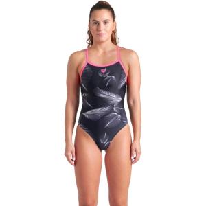 ARENA Women’s Performance Frozen Leaves Lightdrop Back Athletic One Piece Swimsuit(Black Multi/Shocking Pink)