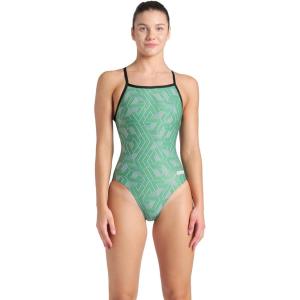Arena Womens Arena Performance Women’s Escape Team Print Light Drop Back Ladies Training Swimsuit(Black/Team Green)