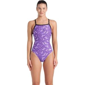 Arena Womens Arena Performance Women’s Escape Team Print Light Drop Back Ladies Training Swimsuit(Black/Team Purple)