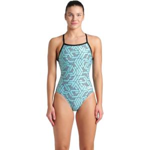 Arena Womens Arena Performance Women’s Escape Team Print Light Drop Back Ladies Training Swimsuit(Black/Water Blue Multi)