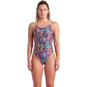 Arena Womens Arena Women’s Performance Vivid Repeat Swim Lace Plus Back One Piece Swimsuit(Grey Multi/Water/Bright Coral)