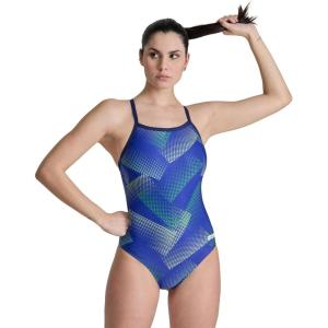 Arena Womens Performance Halftone Team Print Swimsuit Light Drop Back Pro Training Bathing Suit(Navy/Team Blue Green)