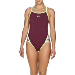 Arena Womens Team Stripe Superfly Back MaxLife One Piece Swimsuit(Red Wine/Shiny Green)
