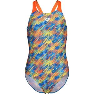 Arena Girls Performance Draft V Back Swimsuit One Piece Durable Training Kids Bathing Suit(Neon Blue Multi/Team Orange)