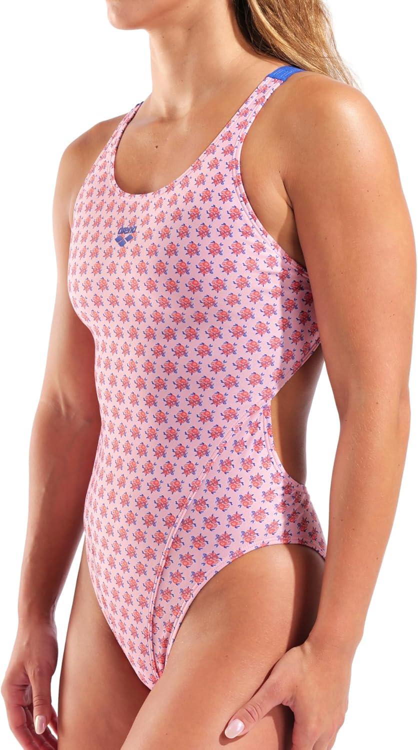 imageARENA Performance Womens Bouquet Swim Tech Back One Piece Swimsuit Wide Straps Stylish Competitive Training Practice Bathing Suit Pink MultiNeon Blue US Size 38