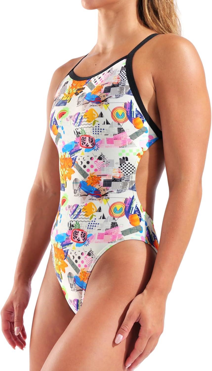 imageArena Womens Performance Collage X Criss Cross Back One Piece Swimsuit Thin Straps Open BackWhite MultiBlack