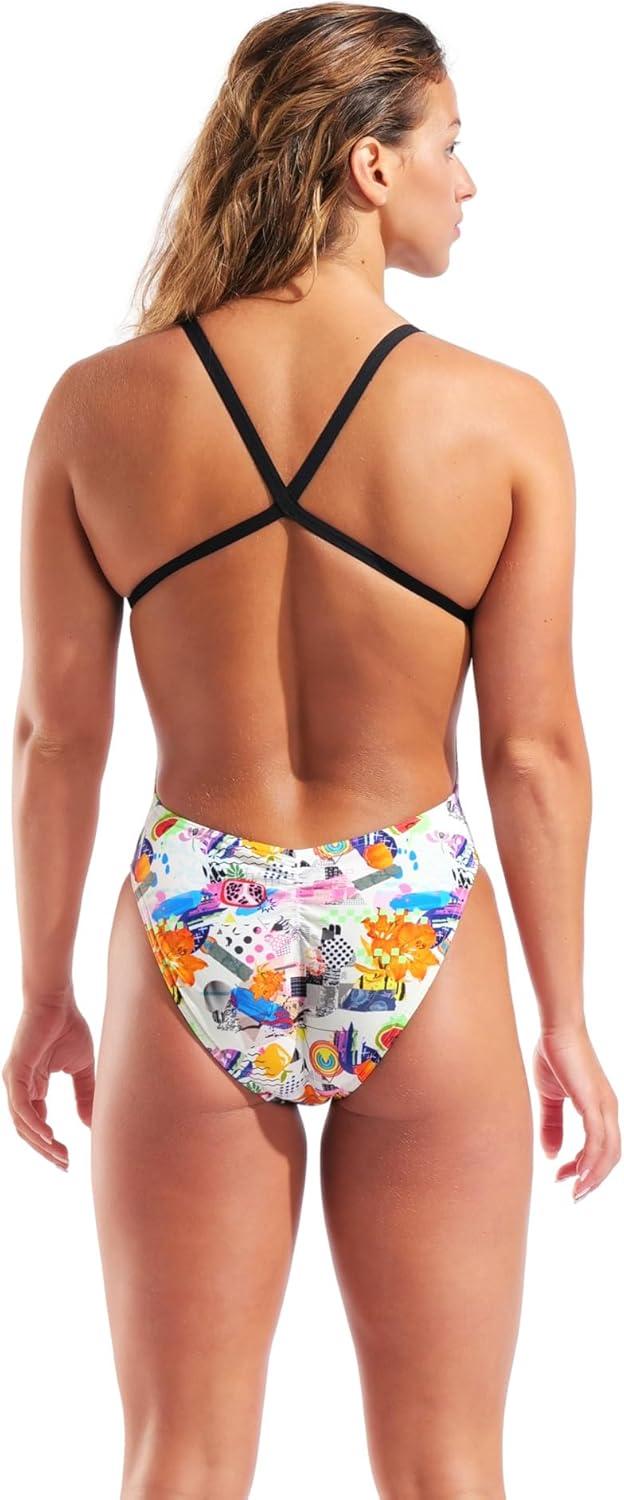 imageArena Womens Performance Collage X Criss Cross Back One Piece Swimsuit Thin Straps Open BackWhite MultiBlack