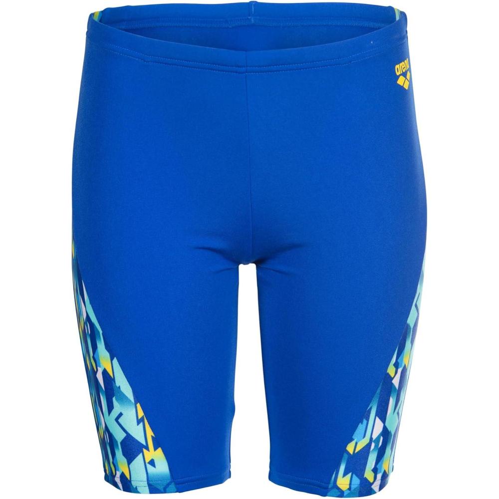 imageARENA Performance Boys Junior Print Swim Jammer Youth Trunks Internal Drawstring Training Bathing Suit Regular Frequent Competitive Swimmer Neon BlueYellow Multi US Size 1012 Jr28
