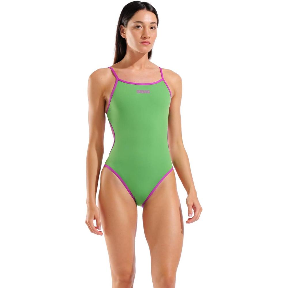 imageArena Womens Performance Solid Reversible Challenge Back Swimsuit Open Back Pro Training SuitTeam GreenTeam OrangeVery Fuchsia