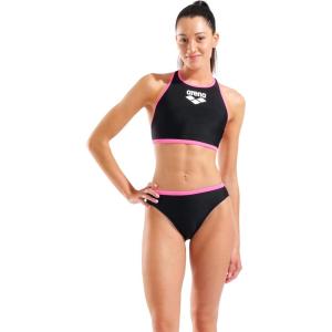 ARENA Feel Women’s Solid Y-Line Back Bralette Two Piece Bikini Supportive Wide Straps Chlorine Saltwater Resistant Quick Drying UV Protection Ladies Bathing Suit, Black/Shocking Pink, US Size 32
