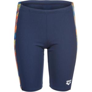 ARENA Performance Boys’ Junior Draft Swim Jammer Youth Trunks Internal Drawstring Training Bathing Suit Regular Frequent Competitive Swimmer, Navy Blue/Orange Multi, US Size 10-12 Jr/28