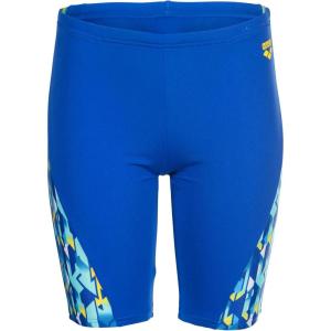 ARENA Performance Boys’ Junior Print Swim Jammer Youth Trunks Internal Drawstring Training Bathing Suit Regular Frequent Competitive Swimmer, Neon Blue/Yellow Multi, US Size 10-12 Jr/28