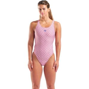 ARENA Performance Women’s Bouquet Swim Tech Back One Piece Swimsuit Wide Straps Stylish Competitive Training Practice Bathing Suit, Pink Multi/Neon Blue, US Size 38