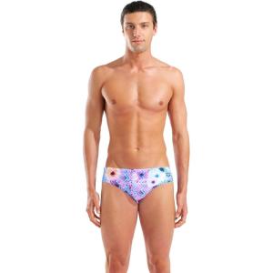 Arena Mens Performance Blurred Swim Briefs Chlorine Resistant Long Lasting Sports Bathing Suit(White Multi/Neon Blue)