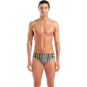 Arena Mens Performance Stripes Swim Briefs Chlorine Resistant Long Lasting Sports Bathing Suit(Black/Black Multi)